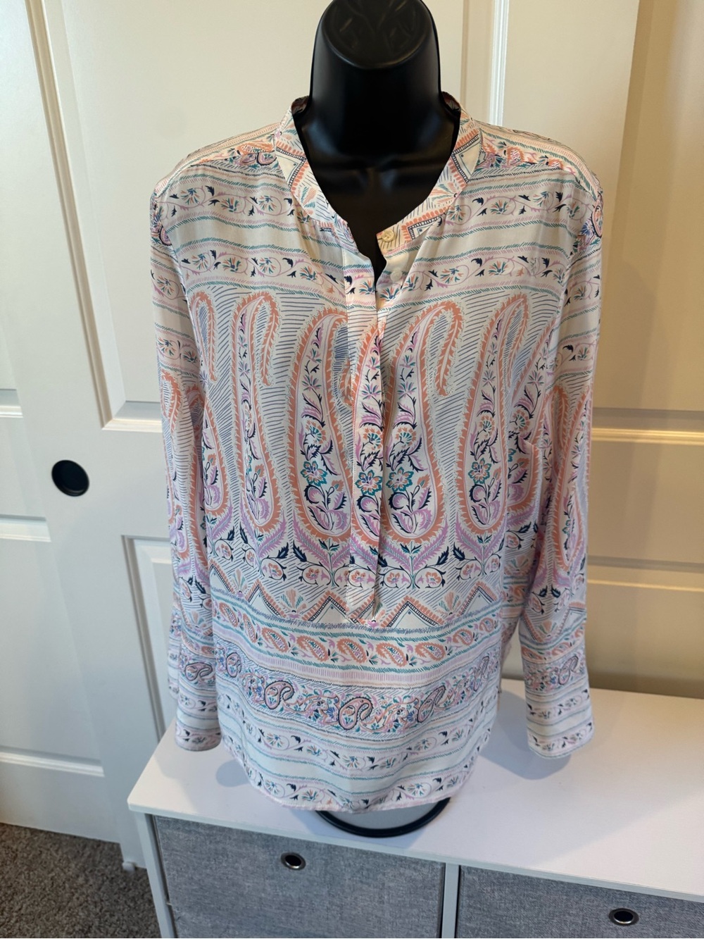 Point Sur Light Cream Paisley-Print Henley Blouse with Soft Pastel Accents